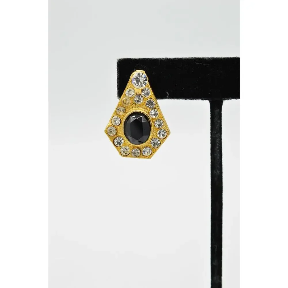 Vintage Earrings Sparkling Black Rhinestone Crystal Gold Statement NOS 1980s 9L